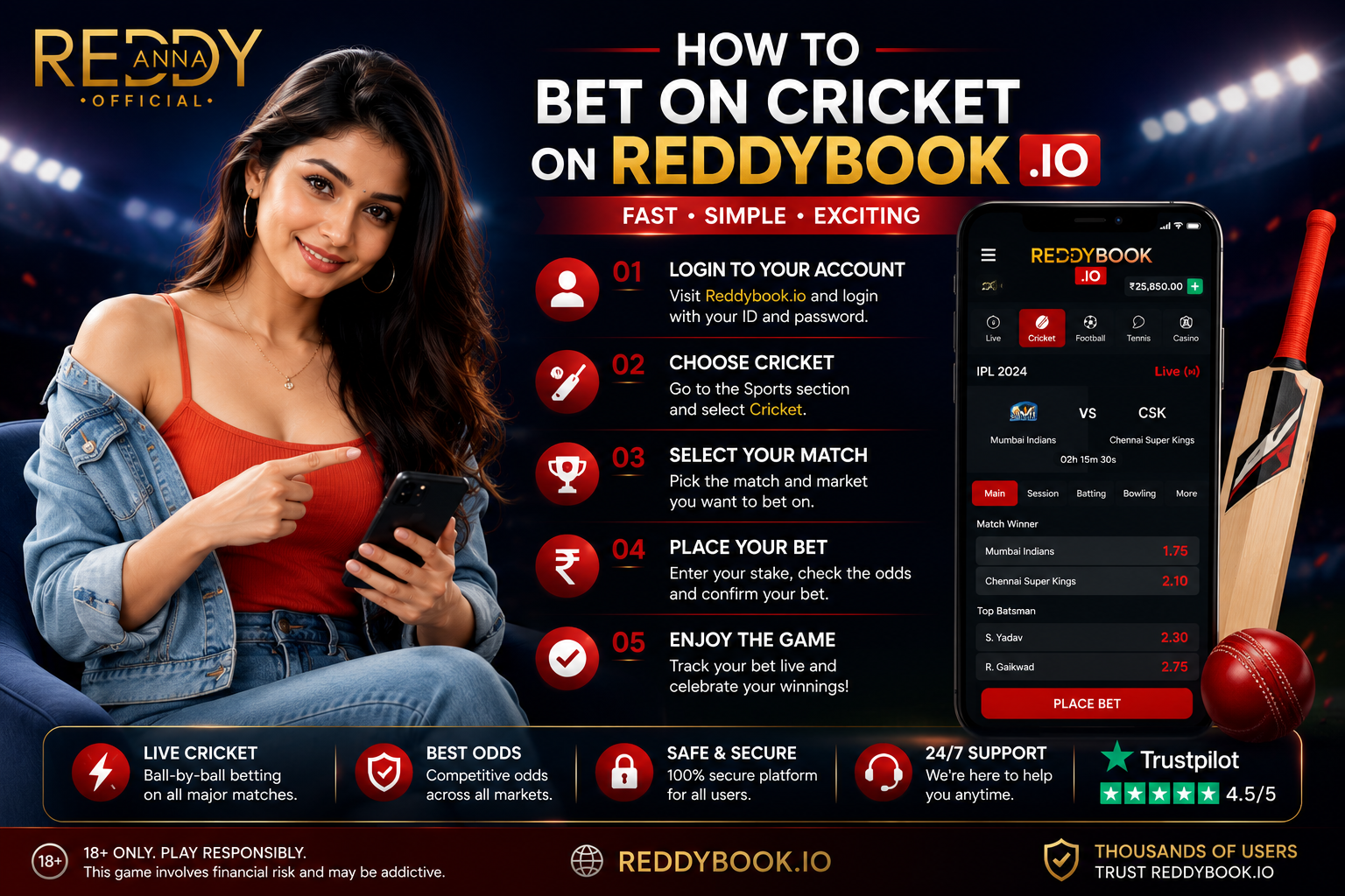 Cricket betting markets on Reddybook IO — IPL session betting and exchange