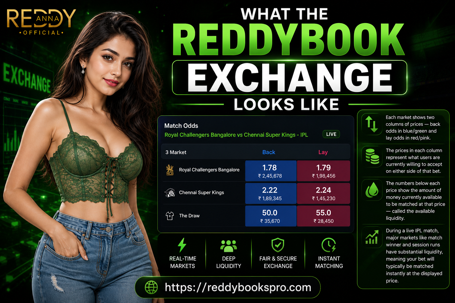Reddybook Exchange interface showing back and lay prices on live IPL market